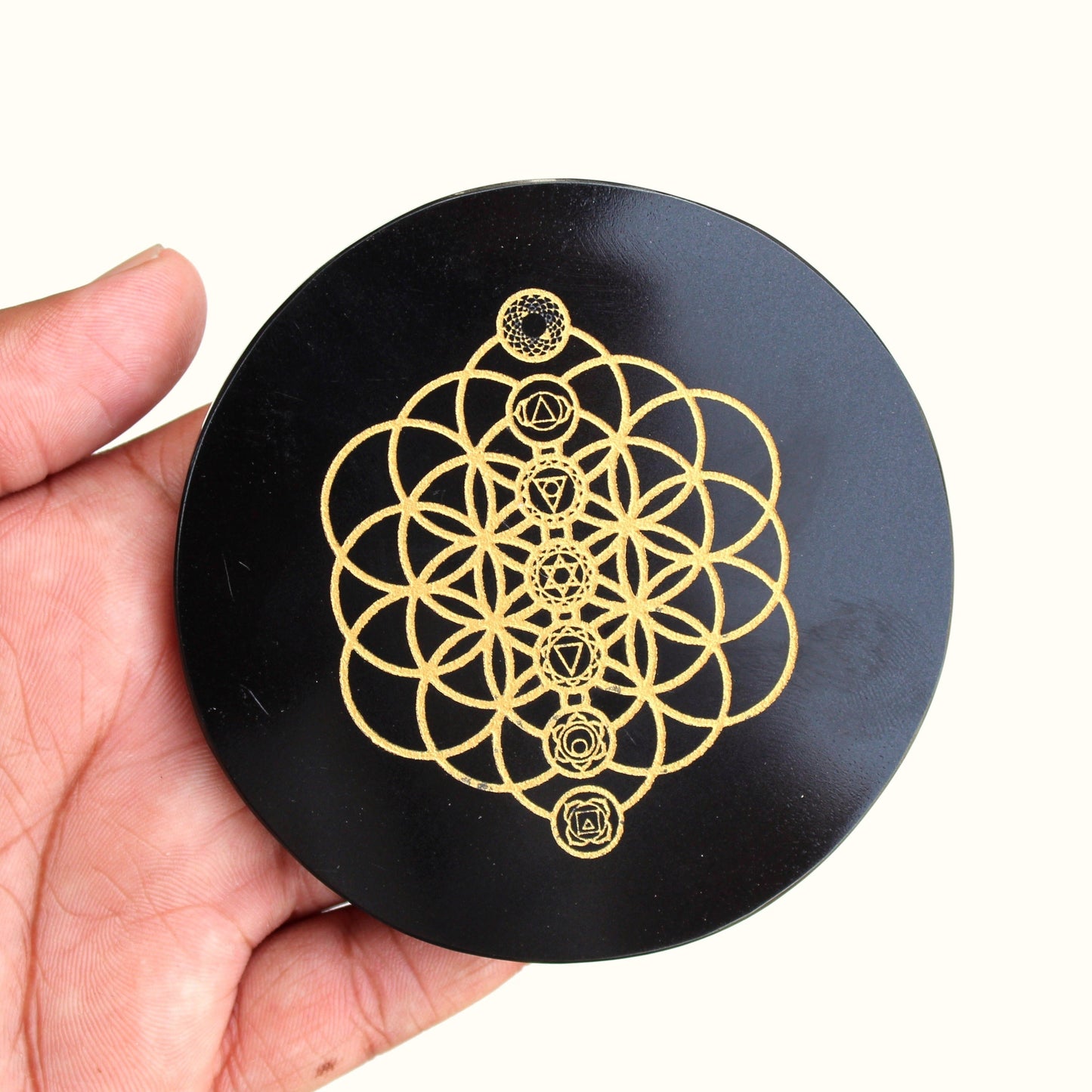 Chakra symbols engraved on Black Tourmaline Disc / Plate