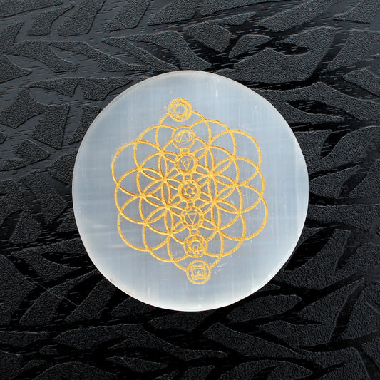 Chakra Symbols Engraved on Selenite Disc / Plate