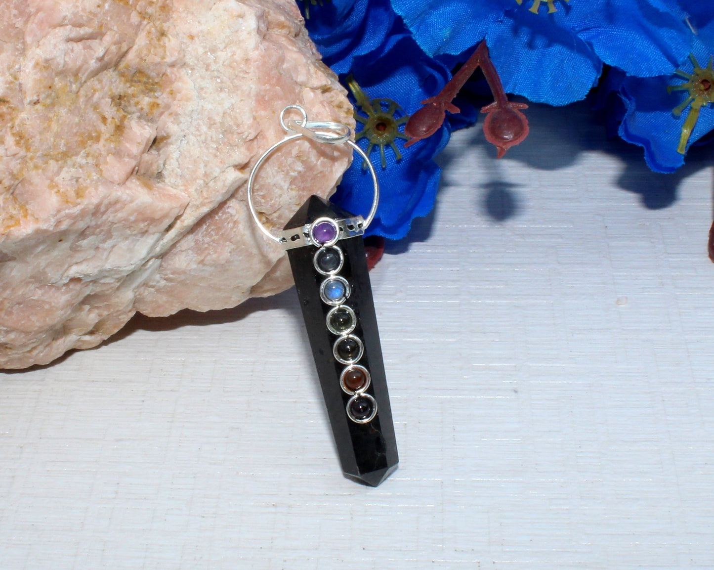 Natural Black Tourmaline 7 Chakra Double Point Pendant