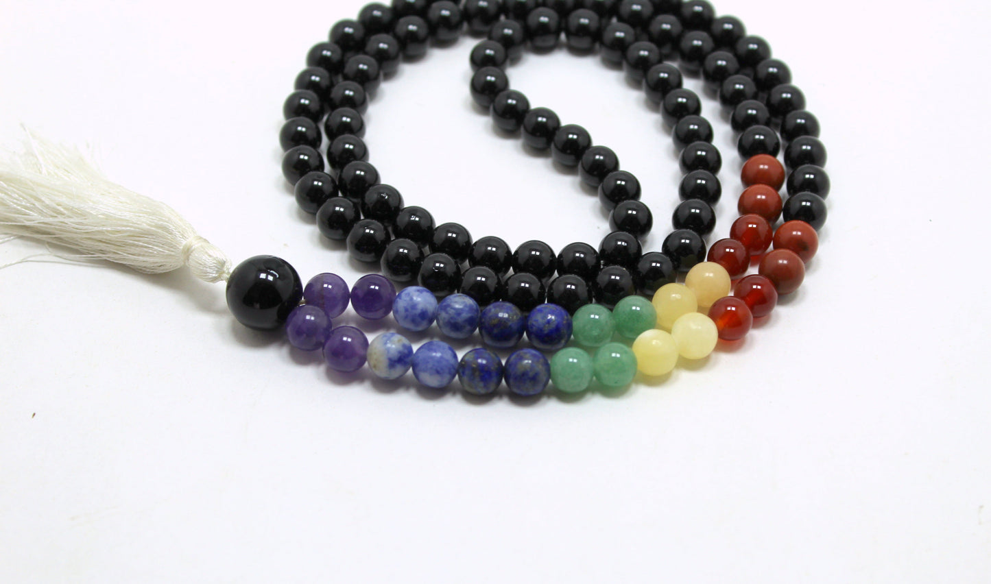 Natural Black Tourmaline  and Chakra 108 Beads Japa Mala