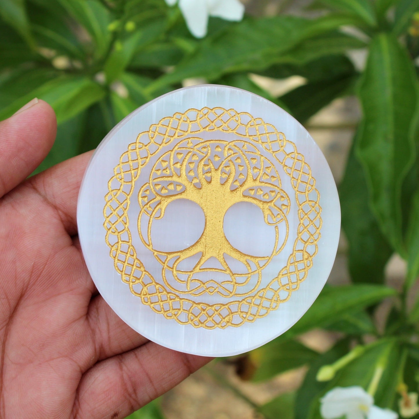 Tree of Life Engraved Selenite Charging Disc / Plate / Round Slice