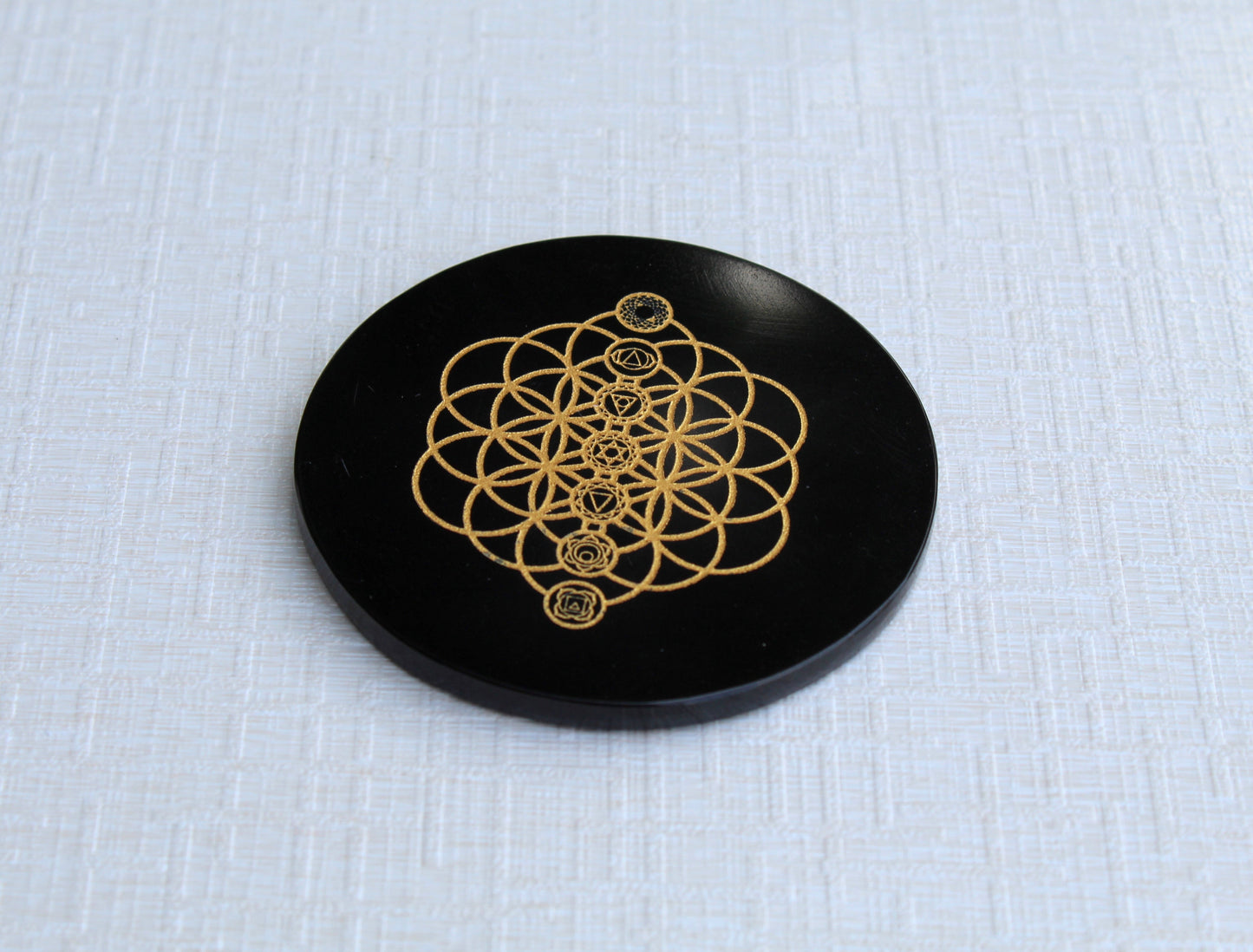 Chakra symbols engraved on Black Tourmaline Disc / Plate