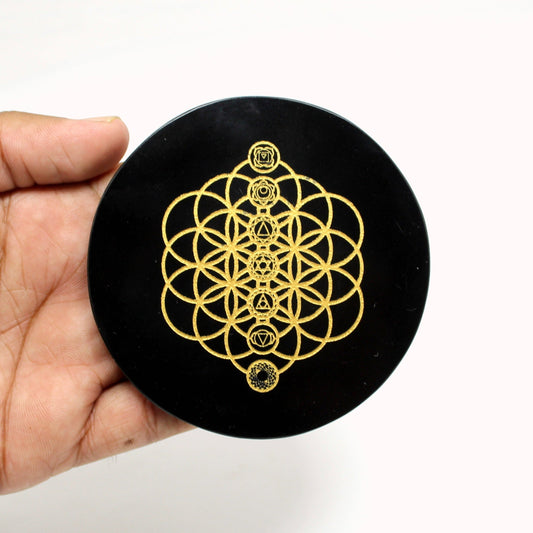 Chakra symbols engraved on Black Tourmaline Disc / Plate