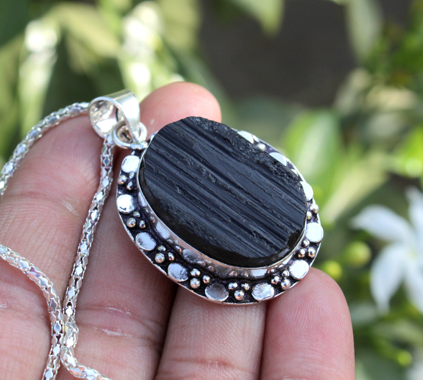 Natural Black Tourmaline Raw Oval Pendant