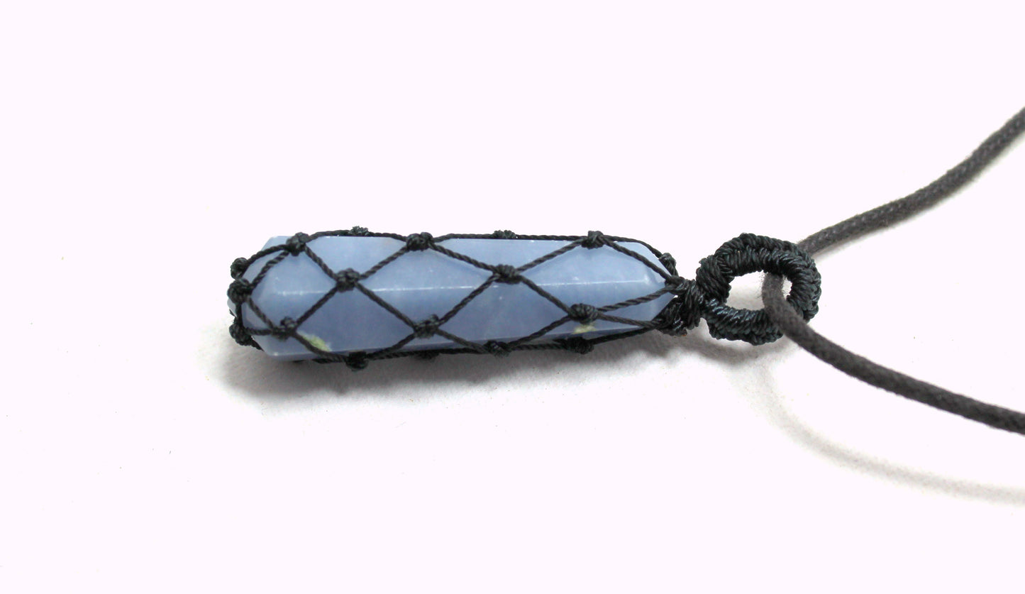 Natural Angelite Black String Wrapped Pendant