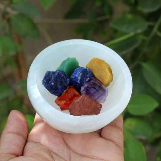 Selenite Bowl with 7 Chakra Raw Stones