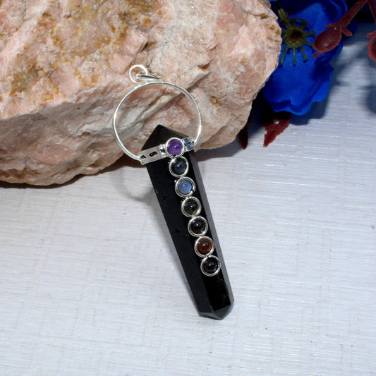 Natural Black Tourmaline 7 Chakra Double Point Pendant